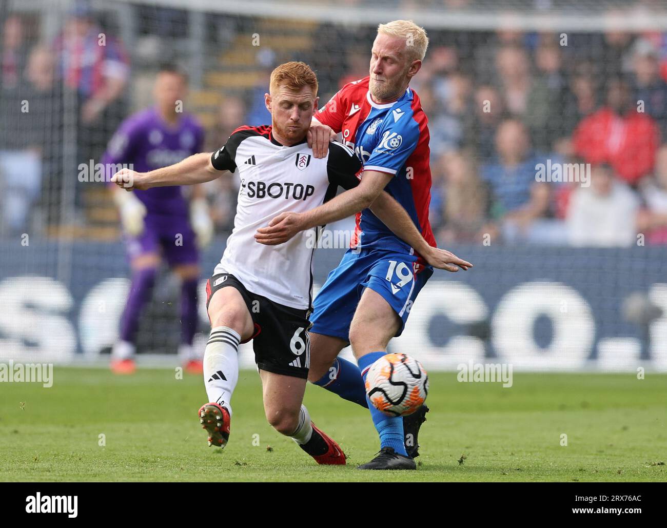 London, UK. 23rd Sep, 2023. Harrison Reed of Fulham tackles Will Hughes of Crystal Palace during the Premier League match at Selhurst Park, London. Picture credit should read: David Klein/Sportimage Credit: Sportimage Ltd/Alamy Live News Stock Photo