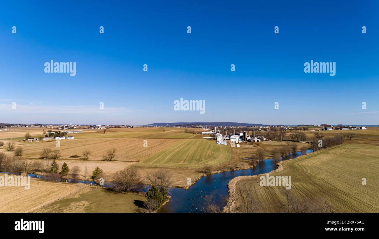 An Aerial View of Rolling Harvested Farmlands, in Rural America, on a ...