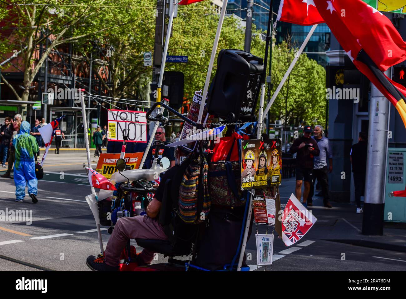 Melbourne, Australia. 23rd Sep, 2023. An elderly activist rides on a