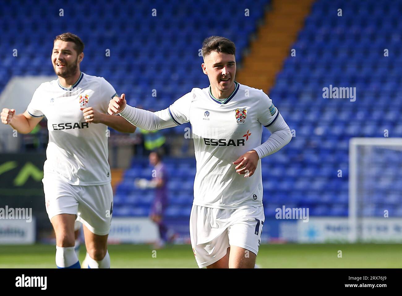 Birkenhead, UK. 23rd Sep, 2023. Josh Hawkes of Tranmere Rovers (r) celebrates after scoring his teams 2nd goal. EFL Skybet Football league two match, Tranmere Rovers v Accrington Stanley at Prenton Park, Birkenhead, Wirral on Saturday 23rd September 2023. this image may only be used for Editorial purposes. Editorial use only, .pic by Chris Stading/ Credit: Andrew Orchard sports photography/Alamy Live News Stock Photo