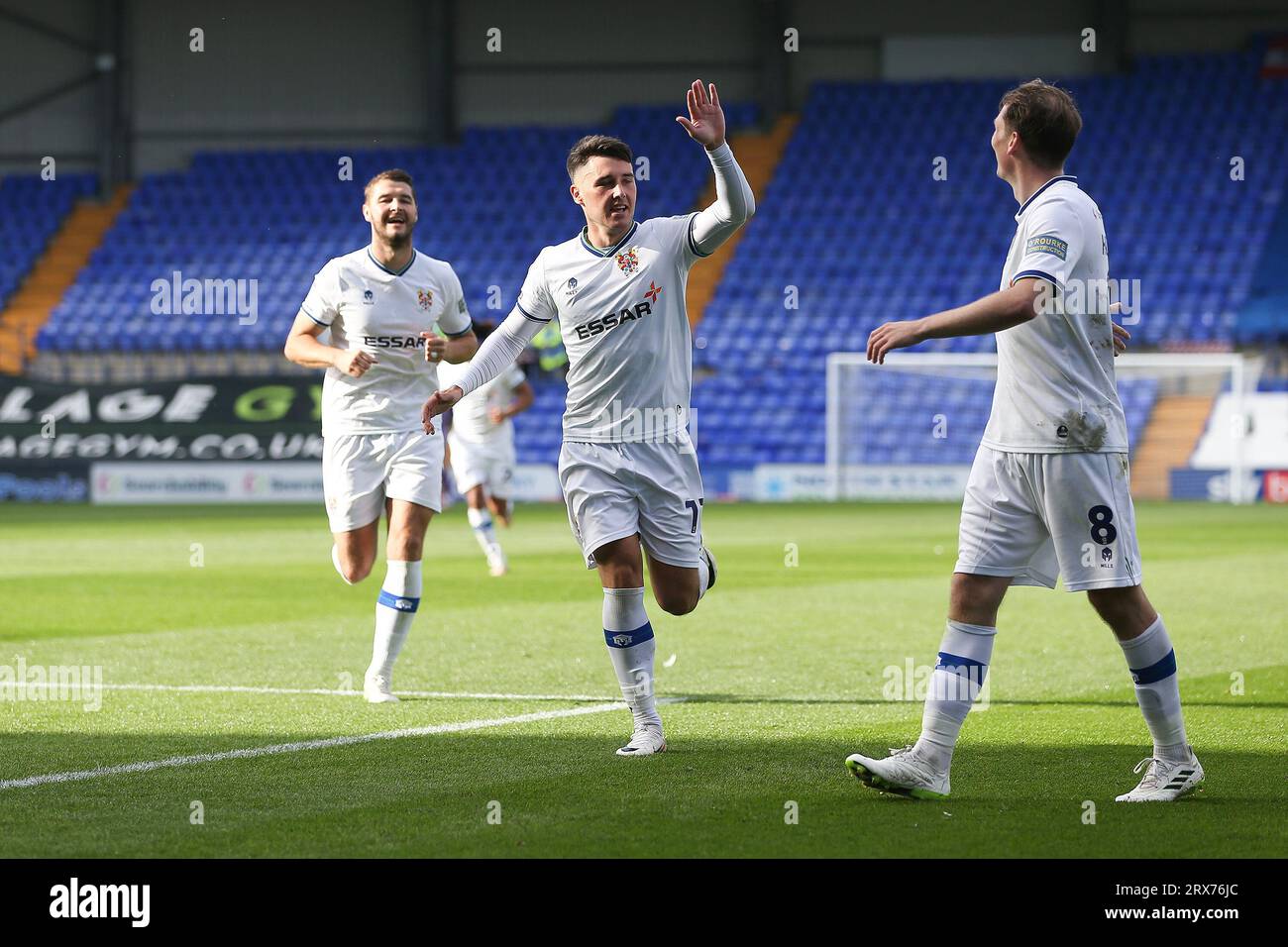 Birkenhead, UK. 23rd Sep, 2023. Josh Hawkes of Tranmere Rovers (c) celebrates with his teammates after scoring his teams 2nd goal. EFL Skybet Football league two match, Tranmere Rovers v Accrington Stanley at Prenton Park, Birkenhead, Wirral on Saturday 23rd September 2023. this image may only be used for Editorial purposes. Editorial use only, .pic by Chris Stading/ Credit: Andrew Orchard sports photography/Alamy Live News Stock Photo