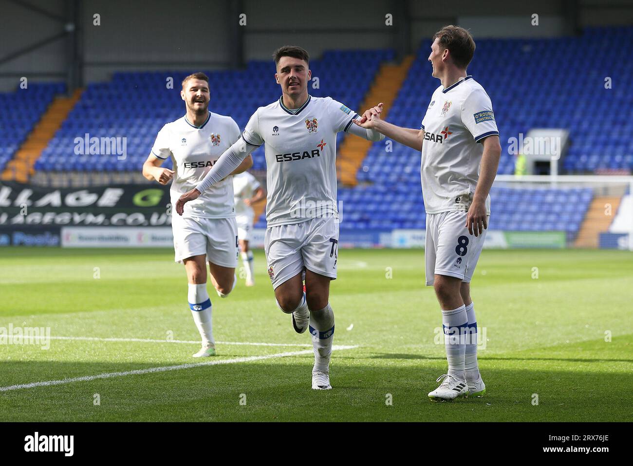 Birkenhead, UK. 23rd Sep, 2023. Josh Hawkes of Tranmere Rovers (c) celebrates with his teammates after scoring his teams 2nd goal. EFL Skybet Football league two match, Tranmere Rovers v Accrington Stanley at Prenton Park, Birkenhead, Wirral on Saturday 23rd September 2023. this image may only be used for Editorial purposes. Editorial use only, .pic by Chris Stading/ Credit: Andrew Orchard sports photography/Alamy Live News Stock Photo