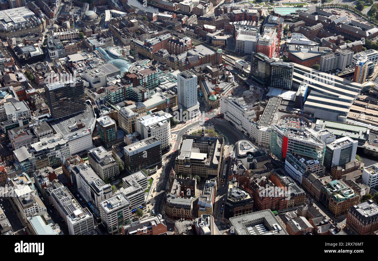 Aerial view l;ooking south east down Quebec Street & Infirmary Street towards the City Square, Leeds, West Yorkshire. Leeds station is on the right. Stock Photo