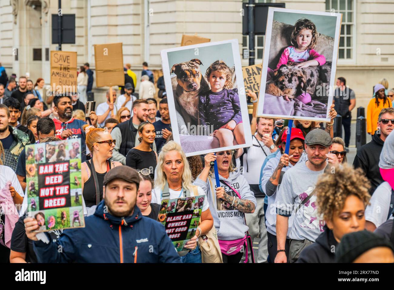 London, UK. 23rd Sep, 2023. A dont bully our breed march, protesting about Rishi Sunak's announcement that the governement will ban XL Bully dogs after a series of attacks by the breed. Credit: Guy Bell/Alamy Live News Stock Photo