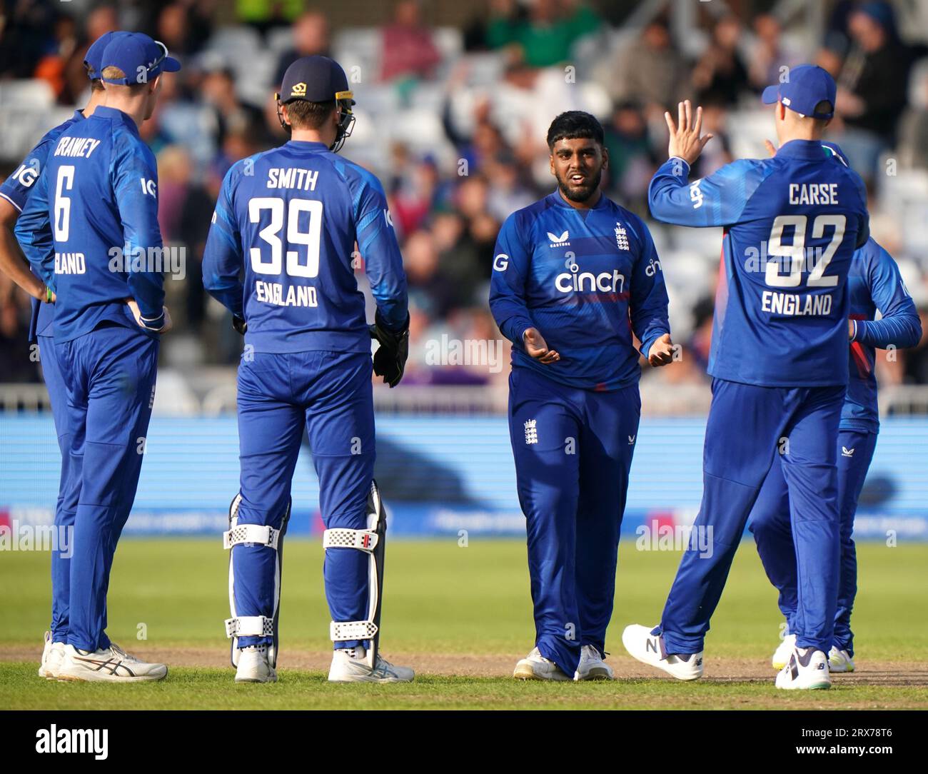 England's Rehan Ahmed (second right) celebrates the wicket of Ireland's Andy McBrine (not pictured) during the second Metro Bank One Day International match at Trent Bridge, Nottingham. Picture date: Saturday September 23, 2023. Stock Photo