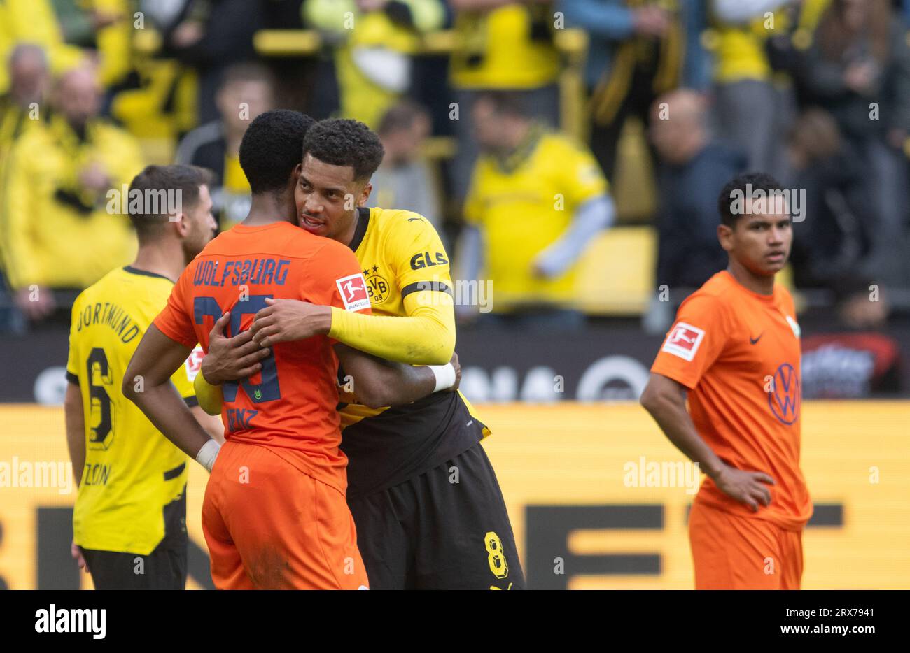 Dortmund, Germany. 23rd Sep, 2023. Soccer: Bundesliga, Borussia Dortmund - VfL Wolfsburg, Matchday 5, Signal Iduna Park. Dortmund's Felix Nmecha (center) and Wolfsburg's Moritz Jenz embrace after the game. Credit: Bernd Thissen/dpa - IMPORTANT NOTE: In accordance with the requirements of the DFL Deutsche Fußball Liga and the DFB Deutscher Fußball-Bund, it is prohibited to use or have used photographs taken in the stadium and/or of the match in the form of sequence pictures and/or video-like photo series./dpa/Alamy Live News Stock Photo
