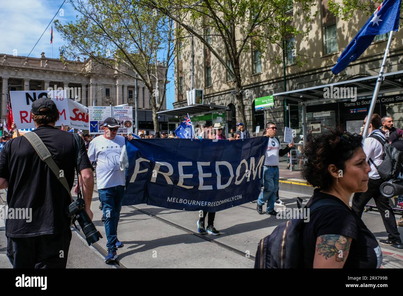 Melbourne, Australia. 23rd Sep, 2023. Activists holding large 