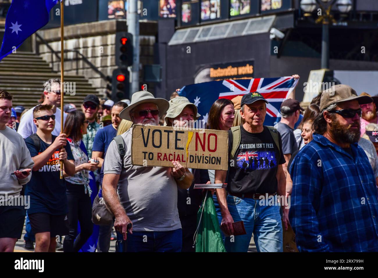 Melbourne, Australia. 23rd Sep, 2023. An activist holds a 'vote no to
