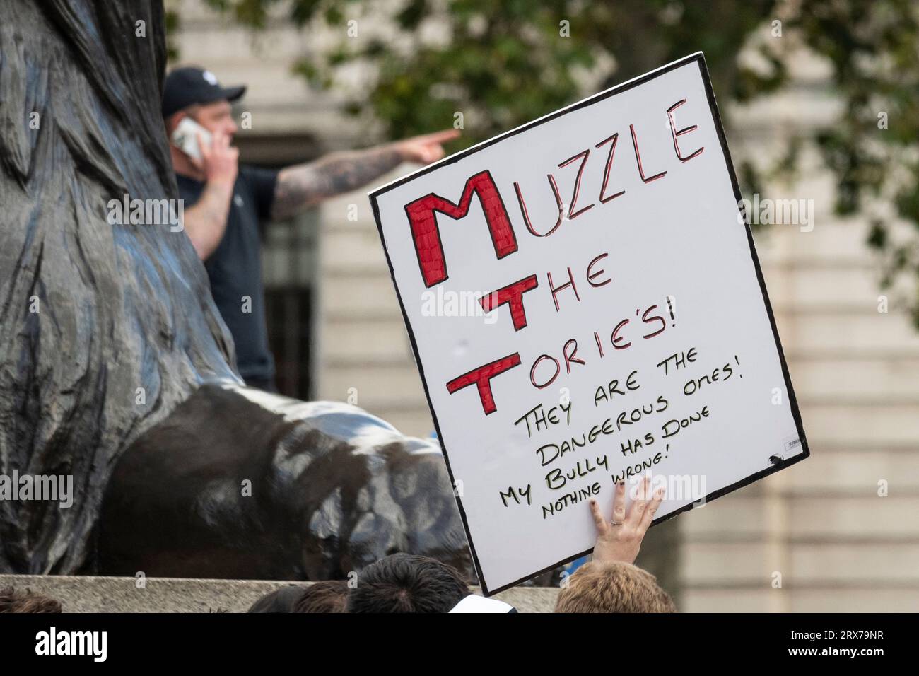 London, UK.  23 September 2023.  People take part in a Save XL Bully dogs protest in Trafalgar Square ahead of marching to Parliament Square. Participants are protesting against the intention of Rishi Sunak, Prime Minister, to ban the XL Bully dog breed following recent injuries and fatalities caused by attacks by such dogs. Credit: Stephen Chung / Alamy Live News Stock Photo