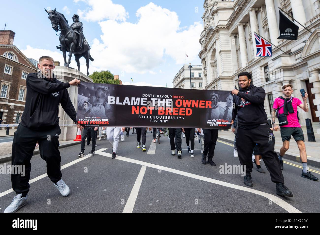 London UK 23 September 2023 People Take Part In A Save XL Bully Dogs   London Uk 23 September 2023 People Take Part In A Save Xl Bully Dogs Protest In Whitehall Ahead Of Marching En Route To Parliament Square Participants Are Protesting Against The Intention Of Rishi Sunak Prime Minister To Ban The Xl Bully Dog Breed Following Recent Injuries And Fatalities Caused By Attacks By Such Dogs Credit Stephen Chung Alamy Live News 2RX79RY 