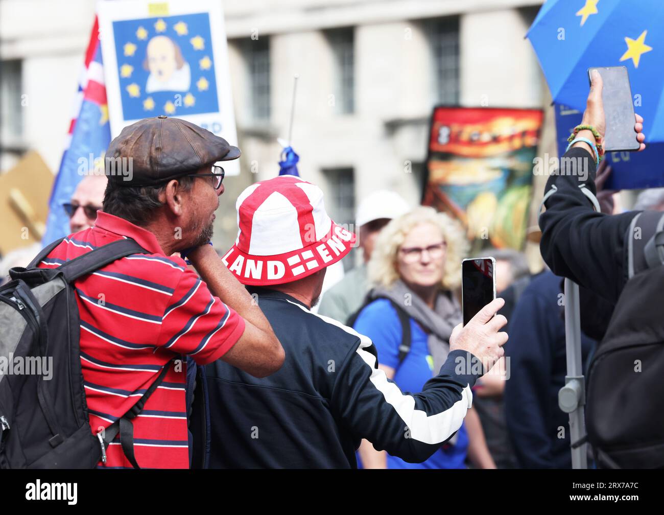 London, UK, 23rd September 2023. Brexiteers have words with EU supporters on the National Rejoin March on Whitehall. About 3000 people marched from Hyde Park to Westminster Square to support the UK rejoining the EU. Credit :Monica Wells/Alamy Live News Stock Photo