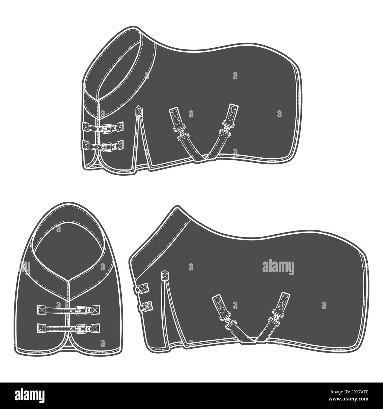 Set of black and white illustrations with horse blanket, horsecloth