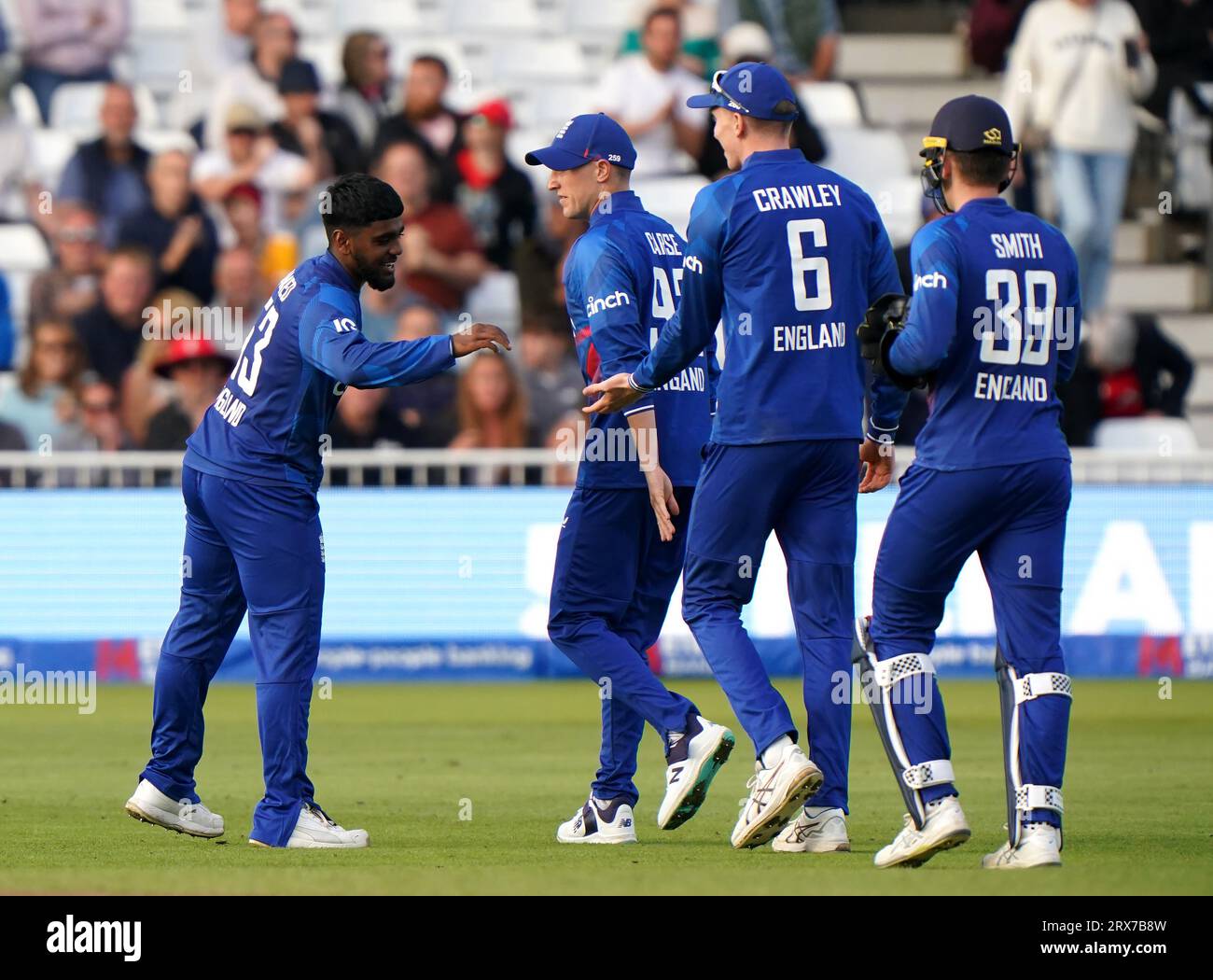 England's Rehan Ahmed celebrates the wicket of Ireland's George Dockrell (not pictured) with team-mates during the second Metro Bank One Day International match at Trent Bridge, Nottingham. Picture date: Saturday September 23, 2023. Stock Photo