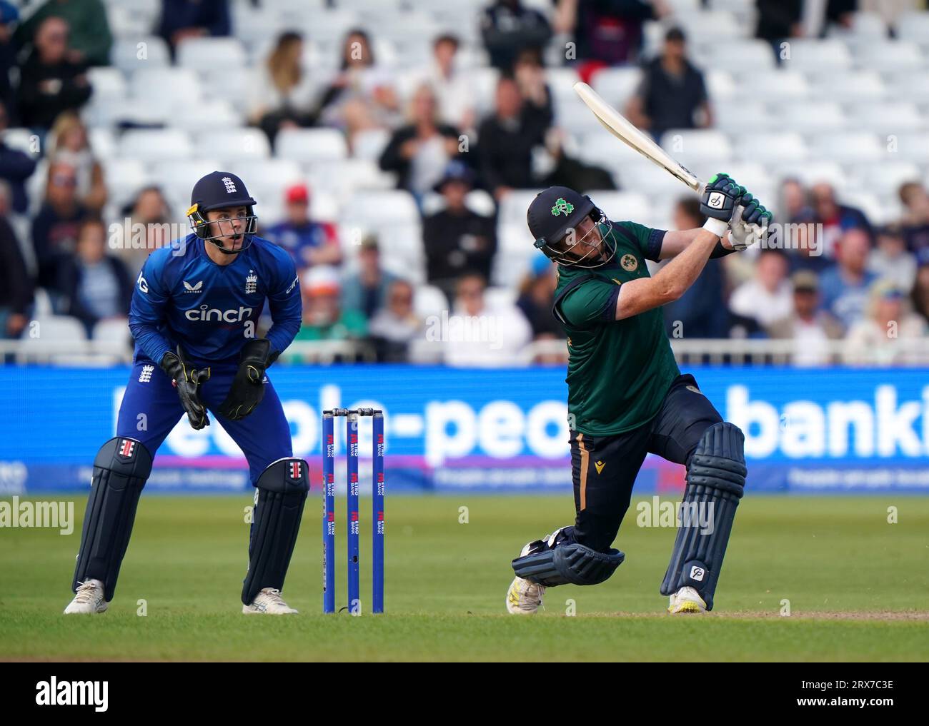 Ireland's Craig Young hits for 6 during the second Metro Bank One Day International match at Trent Bridge, Nottingham. Picture date: Saturday September 23, 2023. Stock Photo