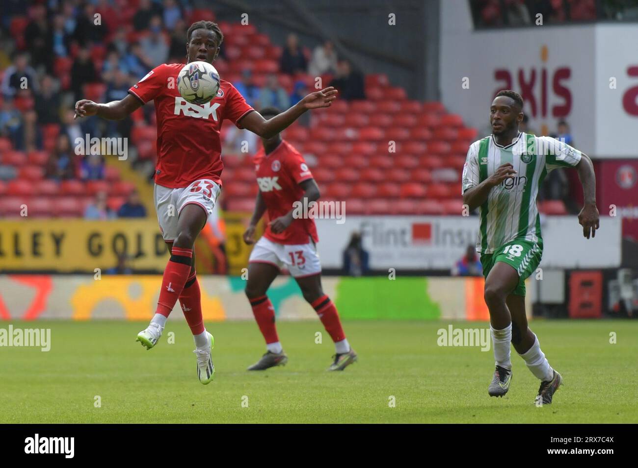 London, England. 23rd Sep 2023. Karoy Anderson of Charlton Athletic is watched by Brandon Hanlan of Wycombe Wanderers during the Sky Bet EFL League One match at The Valley. Kyle Andrews/Alamy Live News Stock Photo