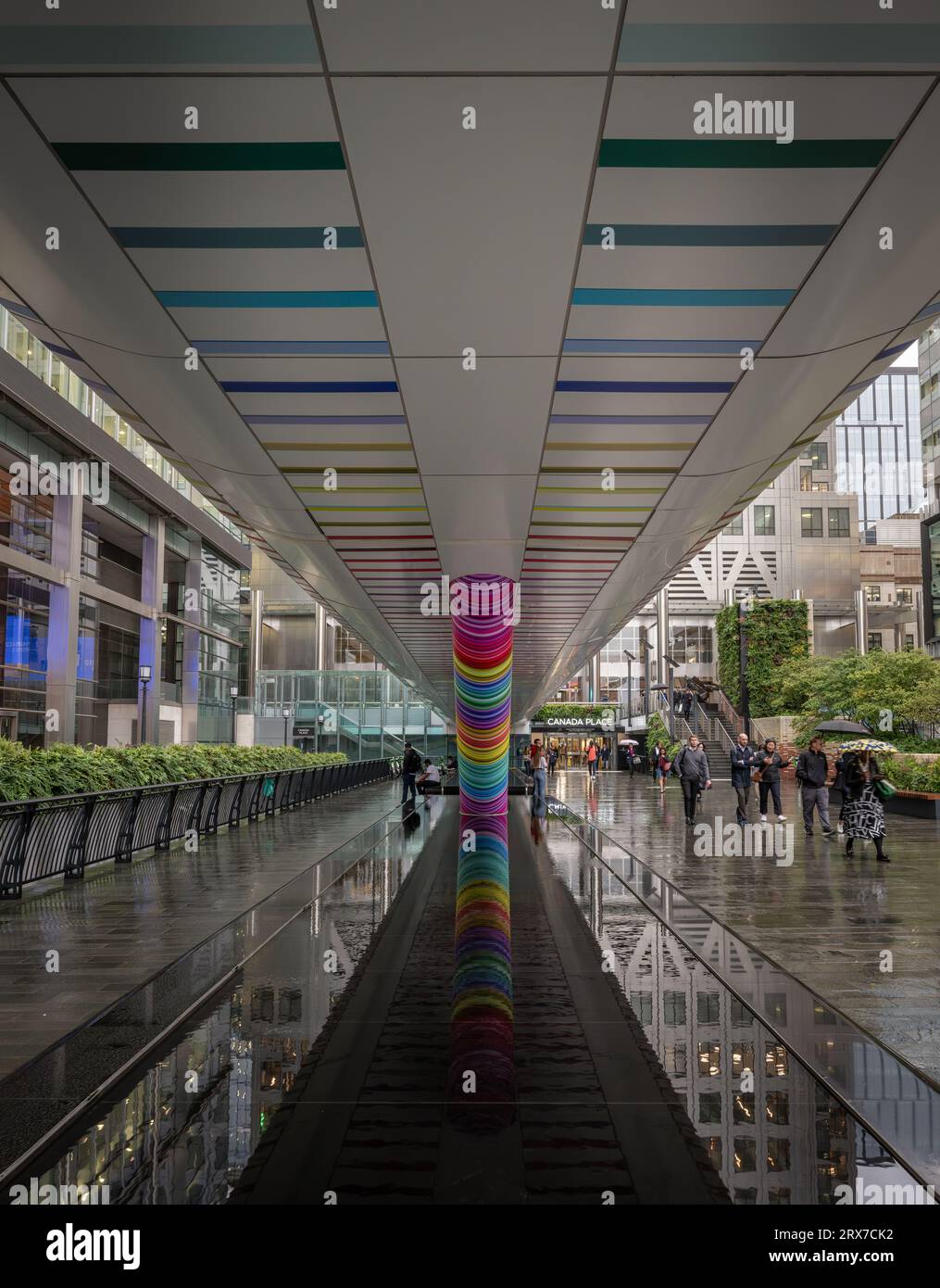 Canary Wharf, London, UK: Beneath the Adams Place footbridge connecting Canary Wharf Elizabeth Line station to One Canada Square in London Docklands. Stock Photo