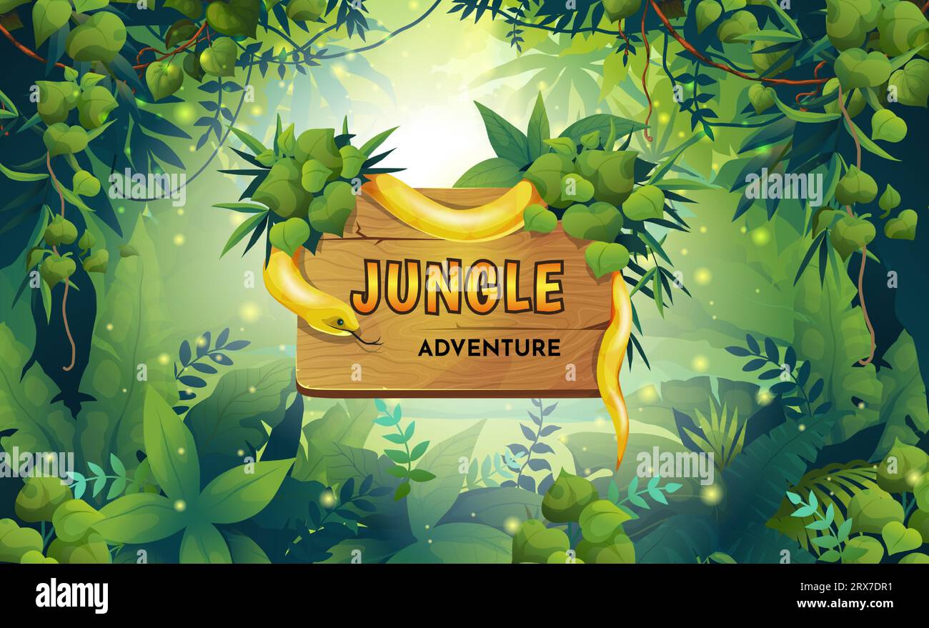 Jungle background. Cartoon tropical forest and wooden board with spake