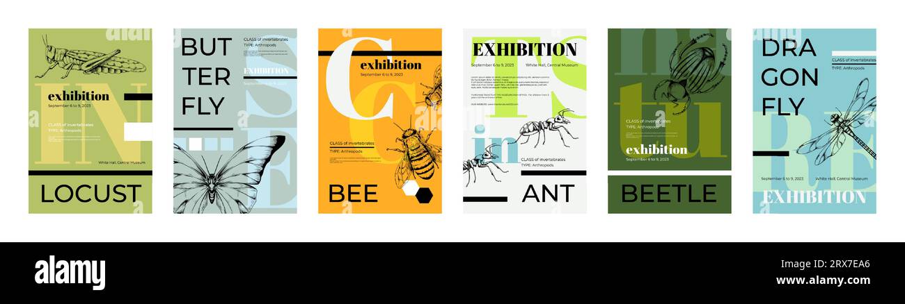 Beetle posters. Bee hipster collage. Abstract book art. Cover or mural ...
