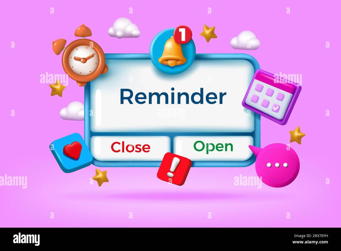 3D reminder. Notification render message. Calendar date icon with time