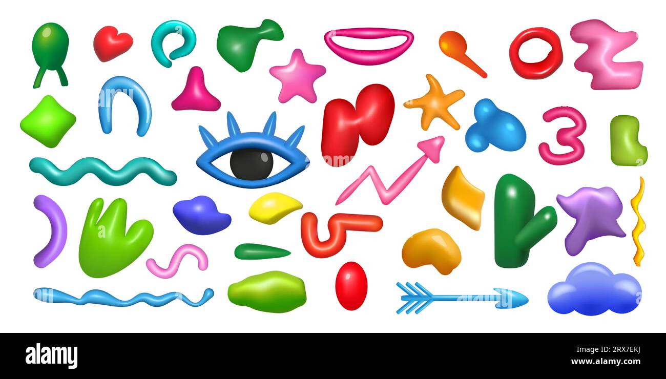 3D abstract shapes. Doodle liquid art. Cartoon eye and arrows. Cute fluid geometric glossy figures. Memphis simple icons. Cloud and stars. Color render isolated elements set. Vector plastic design Stock Vector