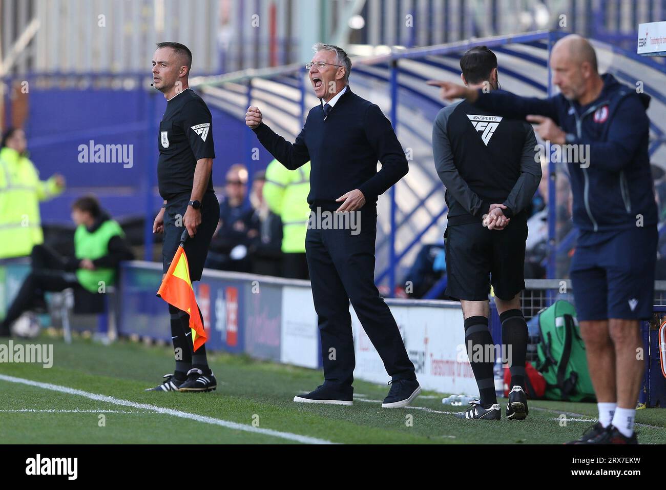 Birkenhead, UK. 23rd Sep, 2023. Nigel Adkins, the Manager of Tranmere Rovers (c) shouts instructions from the technical area. EFL Skybet Football league two match, Tranmere Rovers v Accrington Stanley at Prenton Park, Birkenhead, Wirral on Saturday 23rd September 2023. this image may only be used for Editorial purposes. Editorial use only, .pic by Chris Stading/ Credit: Andrew Orchard sports photography/Alamy Live News Stock Photo