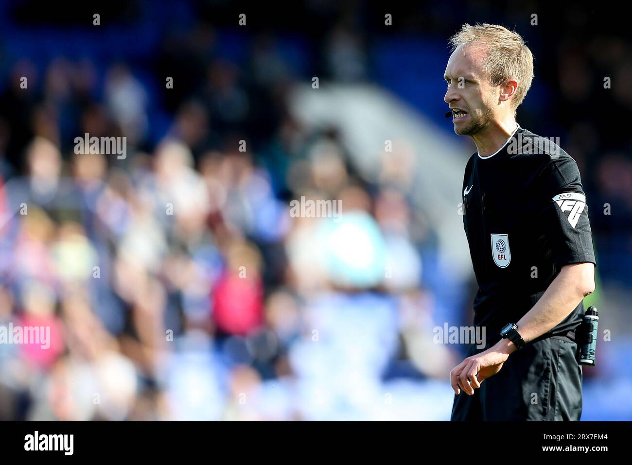 Birkenhead, UK. 23rd Sep, 2023. Referee Sam Purkiss looks on. EFL Skybet Football league two match, Tranmere Rovers v Accrington Stanley at Prenton Park, Birkenhead, Wirral on Saturday 23rd September 2023. this image may only be used for Editorial purposes. Editorial use only, .pic by Chris Stading/ Credit: Andrew Orchard sports photography/Alamy Live News Stock Photo