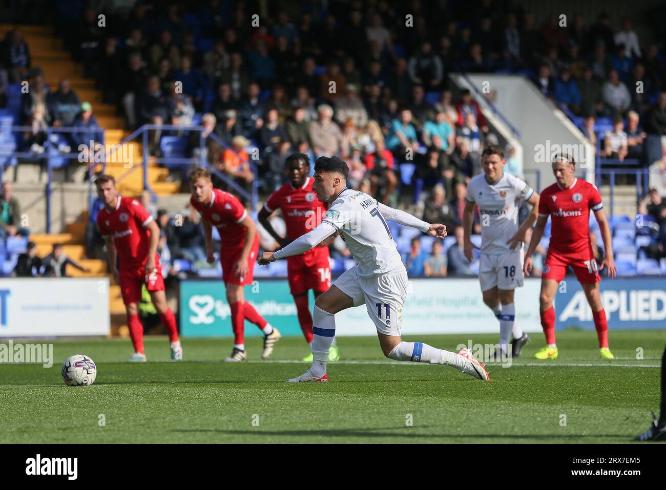 Birkenhead, UK. 23rd Sep, 2023. Josh Hawkes of Tranmere Rovers takes a penalty and scores his teams 1st goal. EFL Skybet Football league two match, Tranmere Rovers v Accrington Stanley at Prenton Park, Birkenhead, Wirral on Saturday 23rd September 2023. this image may only be used for Editorial purposes. Editorial use only, .pic by Chris Stading/ Credit: Andrew Orchard sports photography/Alamy Live News Stock Photo