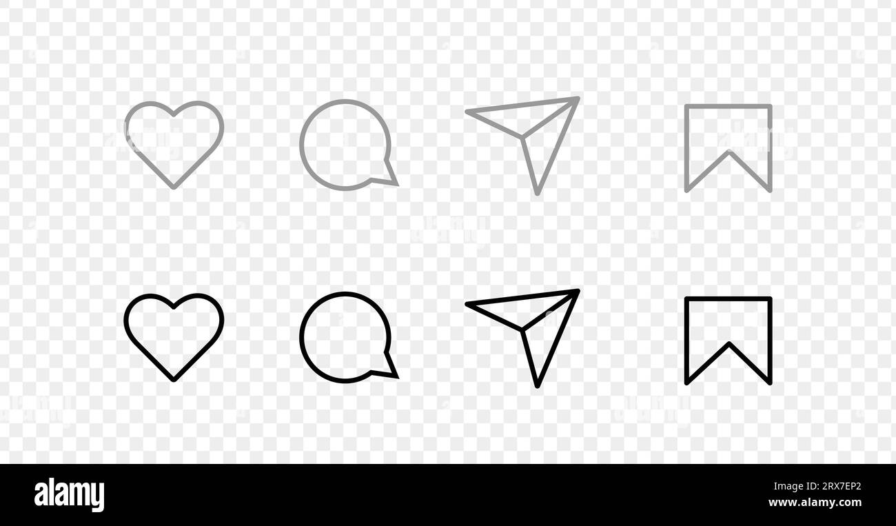 Heart, comment, send, bookmark icons for ui interface. Design for social media. Vector signs on transparent background. Line symbols of black. Stock Vector
