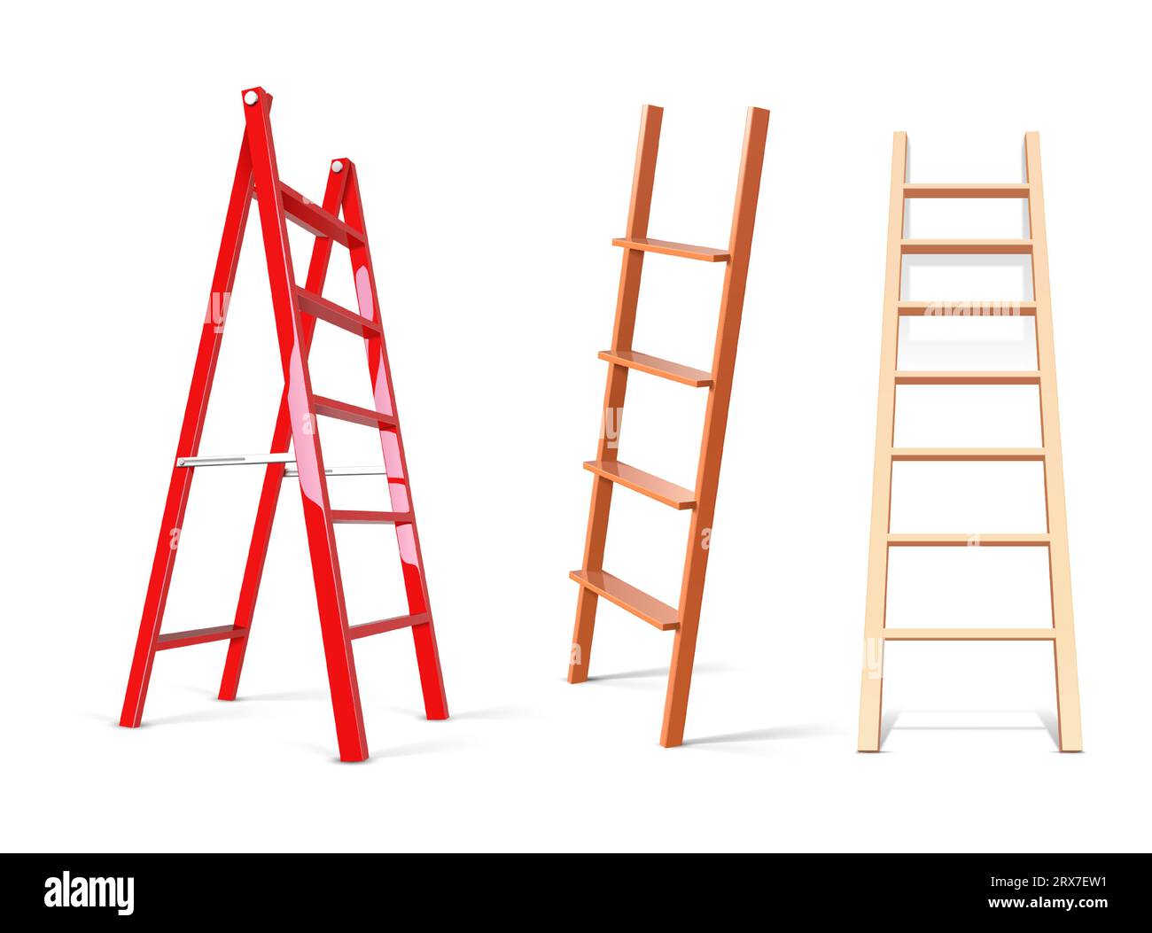 Ladder construction. Realistic wooden and glossy metal staircase equipment. 3D building stepladders. Isolated vertical tools for climbing. Household repair instruments with steps. Vector stairways set Stock Vector
