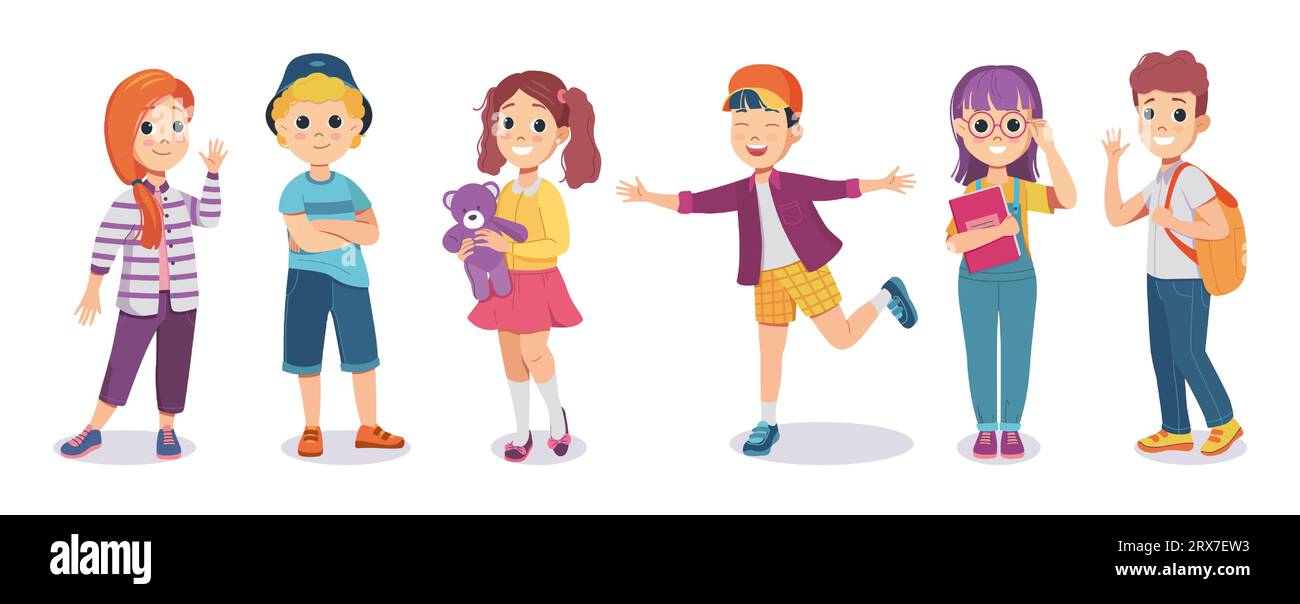 Children characters. Happy boy and cute girl standing, smile on face, kindergarten group, little smart classmates. Kids with backpack and books. School child vector cartoon flat isolated illustration Stock Vector