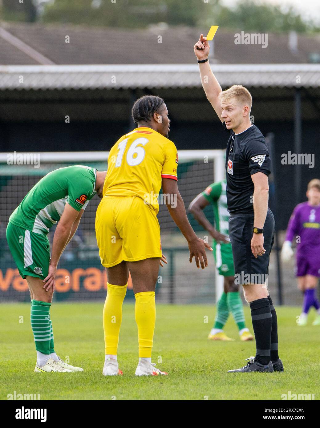 Farsley, Leeds, UK. 23rd September 2023. Vanarama National League North: Farsley Celtic v Banbury United FC.    Yellow card for Emmanuel Maja of Banbury United. Credit Paul Whitehurst/Alamy Live News Stock Photo