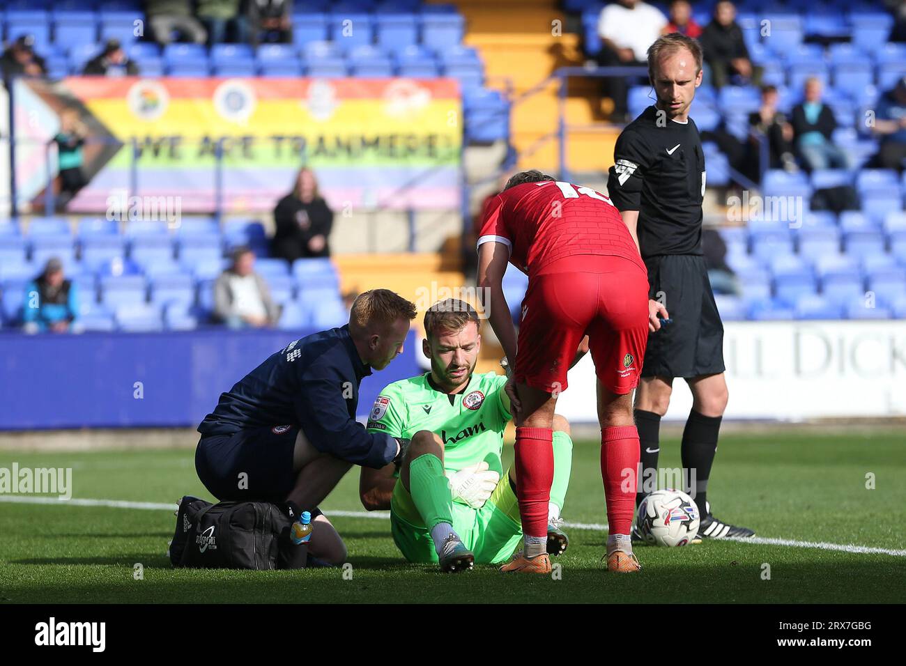 Birkenhead, UK. 23rd Sep, 2023. Toby Savin, the goalkeeper of Accrington Stanley receives treatment but is forced to retire from the match. EFL Skybet Football league two match, Tranmere Rovers v Accrington Stanley at Prenton Park, Birkenhead, Wirral on Saturday 23rd September 2023. this image may only be used for Editorial purposes. Editorial use only, .pic by Chris Stading/ Credit: Andrew Orchard sports photography/Alamy Live News Stock Photo