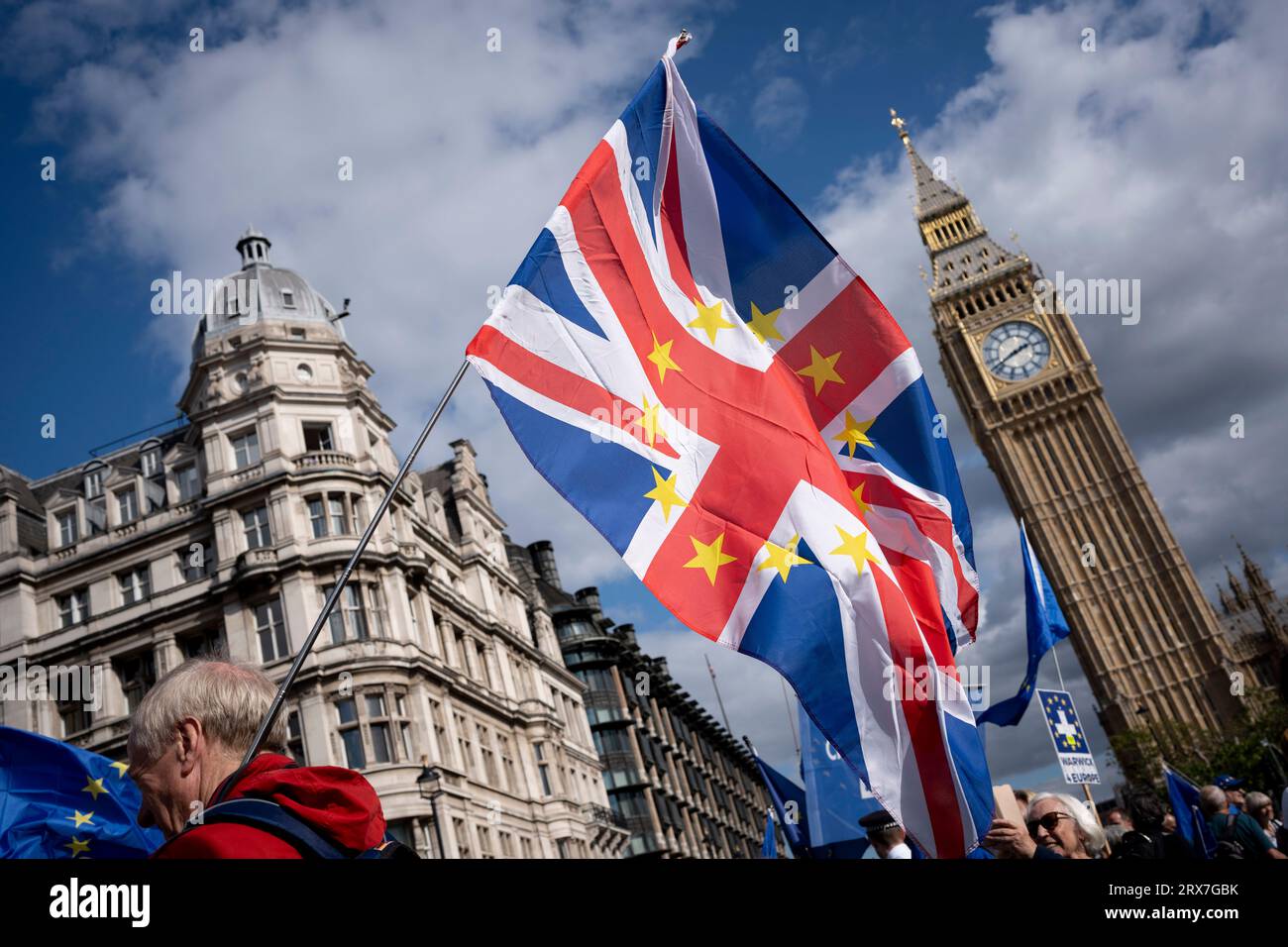 Pro-EU supporters, protest outside parliament against Brexit during their national march to rejoin the European Union, on 23rd September 2023, in London, England. Stock Photo