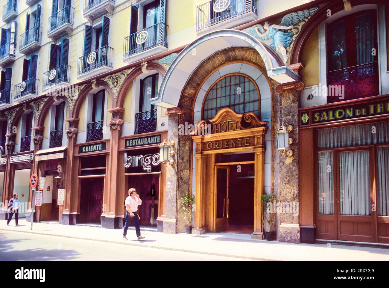 Barcelona Spain Hotel Oriente exterior on La Rambla . Historic 19th century building in the Gothic Quarter of the old town (Barrio) Art Nouveau Stock Photo