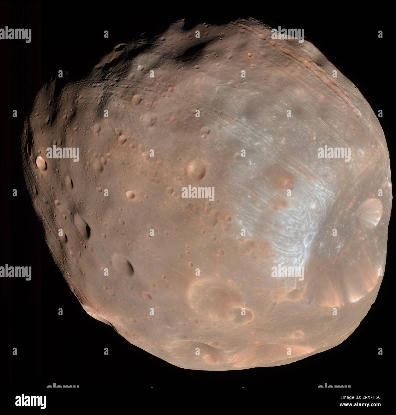 Phobos is the innermost and larger of the two natural satellites of Mars Stock Photo