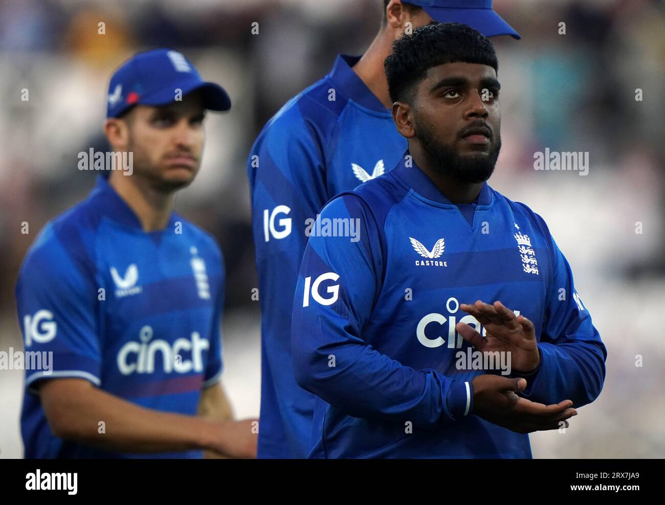 England's Rehan Ahmed applauds the fans after beating Ireland by 48 runs following the second Metro Bank One Day International match at Trent Bridge, Nottingham. Picture date: Saturday September 23, 2023. Stock Photo