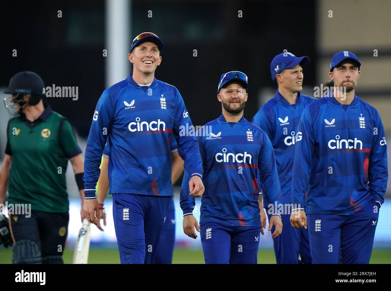 England's Zak Crawley and Ben Duckett react after beating Ireland by 48 runs following the second Metro Bank One Day International match at Trent Bridge, Nottingham. Picture date: Saturday September 23, 2023. Stock Photo