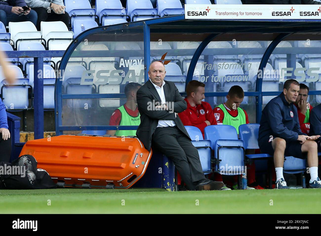 Birkenhead, UK. 23rd Sep, 2023. John Coleman, the Manager of Accrington Stanley looks on from the dugout. EFL Skybet Football league two match, Tranmere Rovers v Accrington Stanley at Prenton Park, Birkenhead, Wirral on Saturday 23rd September 2023. this image may only be used for Editorial purposes. Editorial use only, .pic by Chris Stading/ Credit: Andrew Orchard sports photography/Alamy Live News Stock Photo