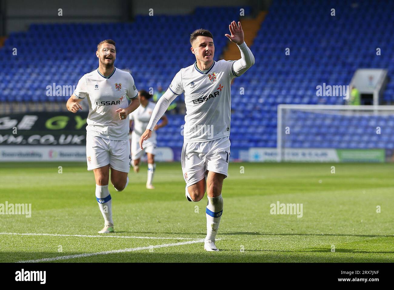Birkenhead, UK. 23rd Sep, 2023. Josh Hawkes of Tranmere Rovers celebrates after scoring his teams 2nd goal. EFL Skybet Football league two match, Tranmere Rovers v Accrington Stanley at Prenton Park, Birkenhead, Wirral on Saturday 23rd September 2023. this image may only be used for Editorial purposes. Editorial use only, .pic by Chris Stading/ Credit: Andrew Orchard sports photography/Alamy Live News Stock Photo
