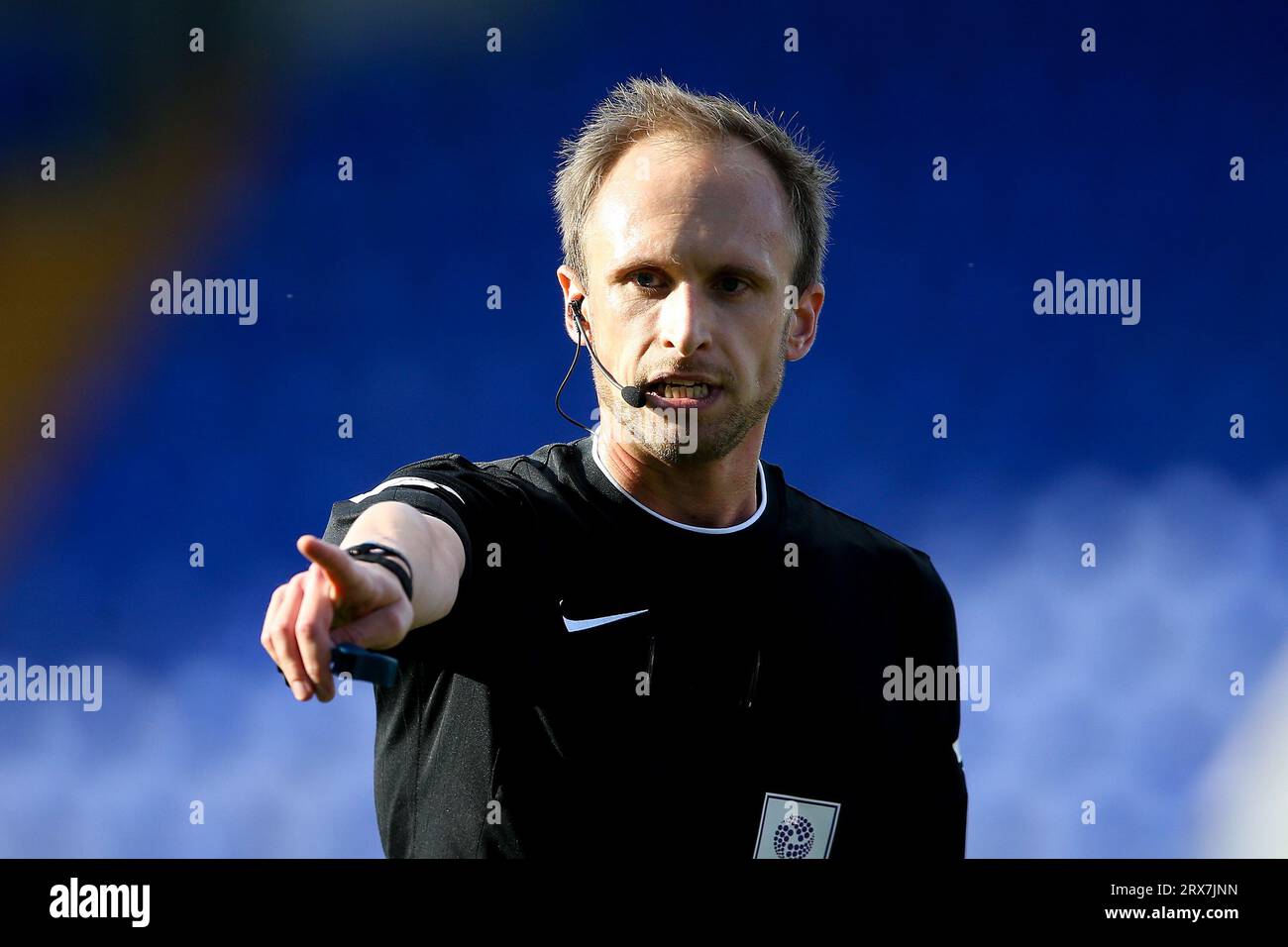 Birkenhead, UK. 23rd Sep, 2023. Referee Sam Purkiss in action. EFL Skybet Football league two match, Tranmere Rovers v Accrington Stanley at Prenton Park, Birkenhead, Wirral on Saturday 23rd September 2023. this image may only be used for Editorial purposes. Editorial use only, .pic by Chris Stading/ Credit: Andrew Orchard sports photography/Alamy Live News Stock Photo