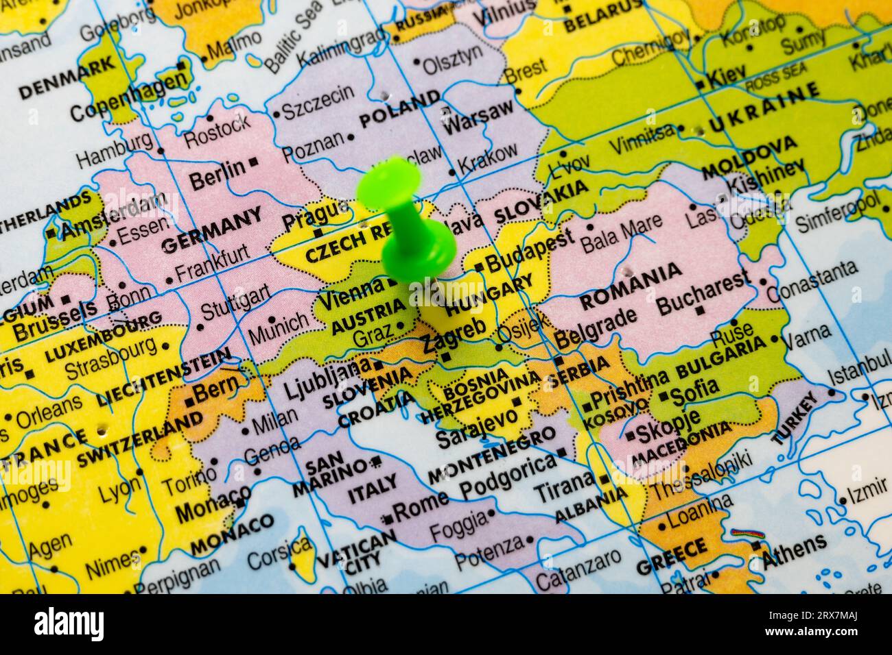 This stock image shows the location of Hungary on a political map of Europe Stock Photo