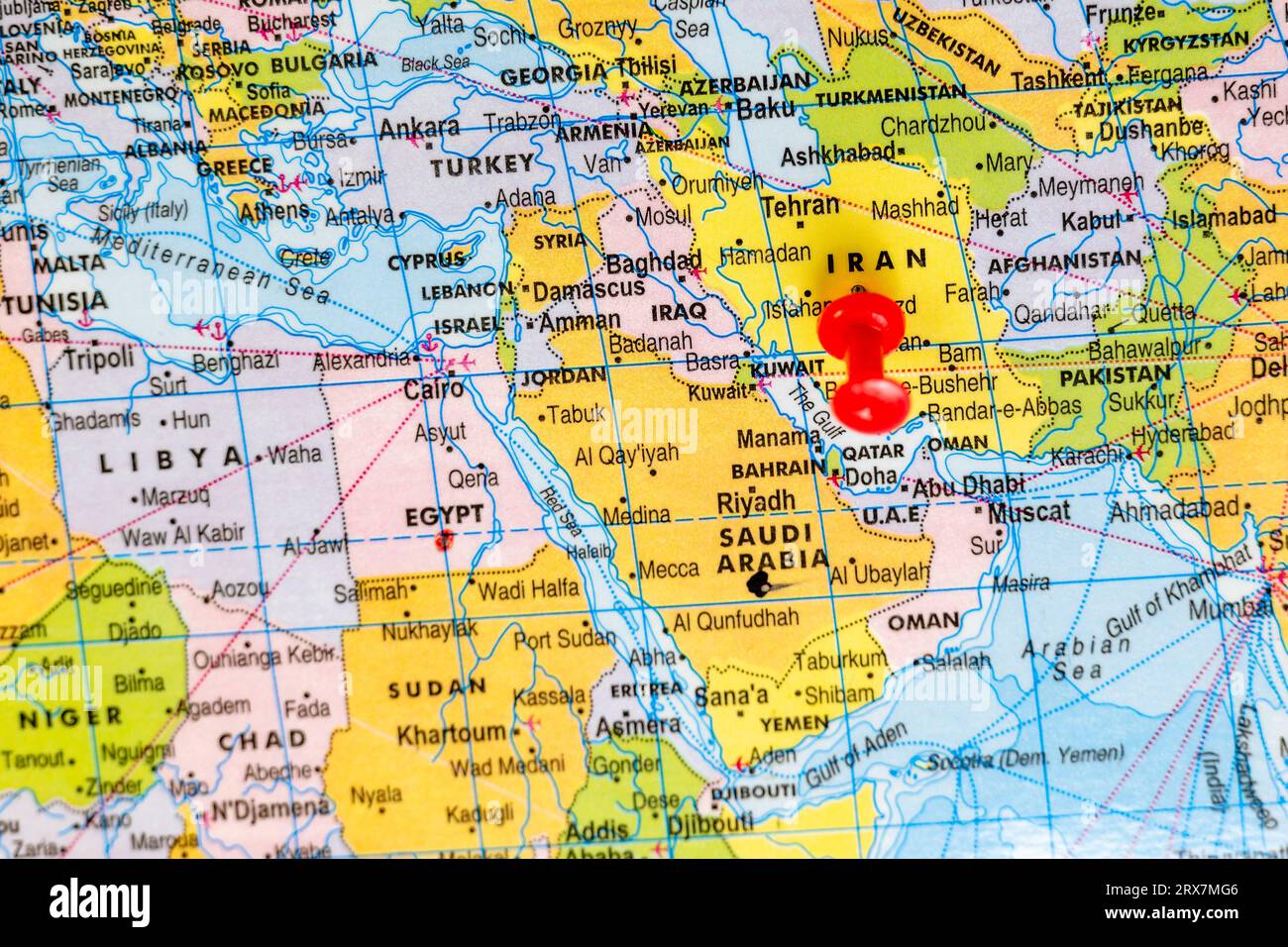 This stock image shows the location of Iran on a world map Stock Photo