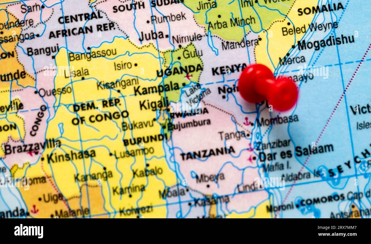 This stock image shows the location of Kenya on a world map Stock Photo