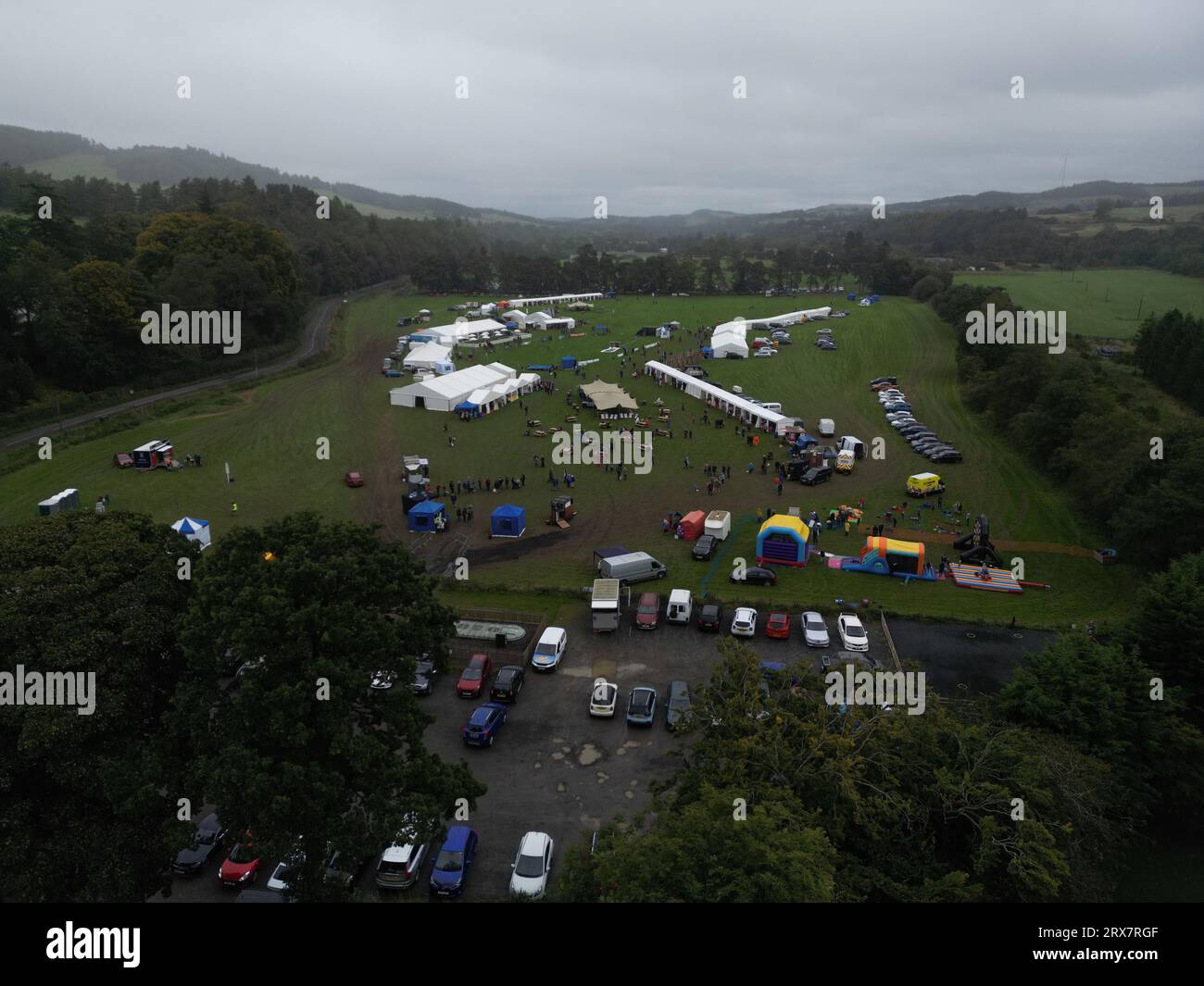 Selkirk, UK. 23rd Sep, 2023. 1st Country & Food Festival at Philiphaugh Estate, The inaugural event, being held on the estate lands, near to Selkirk, with craft, food and countryside exhibitors as well as country sports demonstrations and exhibits. Visitors and general activity on site. General overview, drone image ( Credit: Rob Gray/Alamy Live News Stock Photo