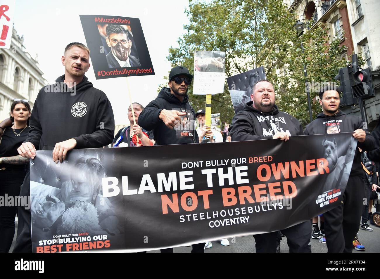 London, England, UK. 23rd Sep, 2023. Protesters marched from Trafalgar Square to Parliament Square for a Save XL Bully Dogs demonstration. They are opposing Prime Minister Rishi Sunak's proposal to ban the XL Bully dog breed, citing recent injuries and fatalities resulting from attacks by these dogs. (Credit Image: © Thomas Krych/ZUMA Press Wire) EDITORIAL USAGE ONLY! Not for Commercial USAGE! Credit: ZUMA Press, Inc./Alamy Live News Stock Photo