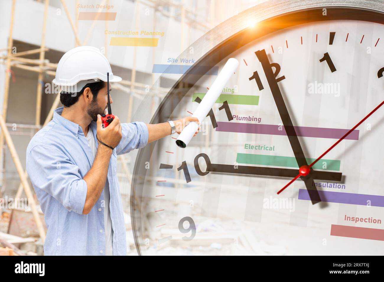 Construction worker with schedule project timeline and working time clock for control timing punctual building process concept Stock Photo