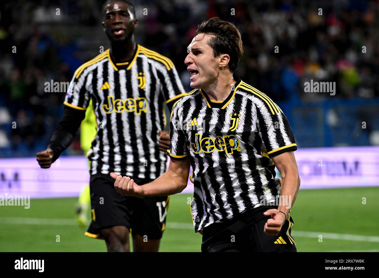 Reggio Emilia, Italy. 23rd Sep, 2023. Federico Chiesa of Juventus FC celebrates after scoring the goal of 2-2 for his side during the Serie A football match between US Sassuolo and Juventus FC at Citta del Tricolore stadium in Reggio Emilia (Italy), September 23rd, 2023. Credit: Insidefoto di andrea staccioli/Alamy Live News Stock Photo