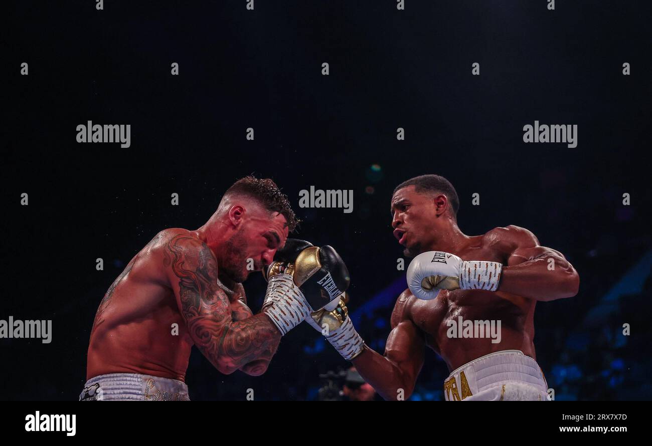 Ezra Taylor (right) against Joel McIntyre in the Light-Heavyweight Contest at the OVO Arena Wembley, London. Picture date: Saturday September 23, 2023. Stock Photo
