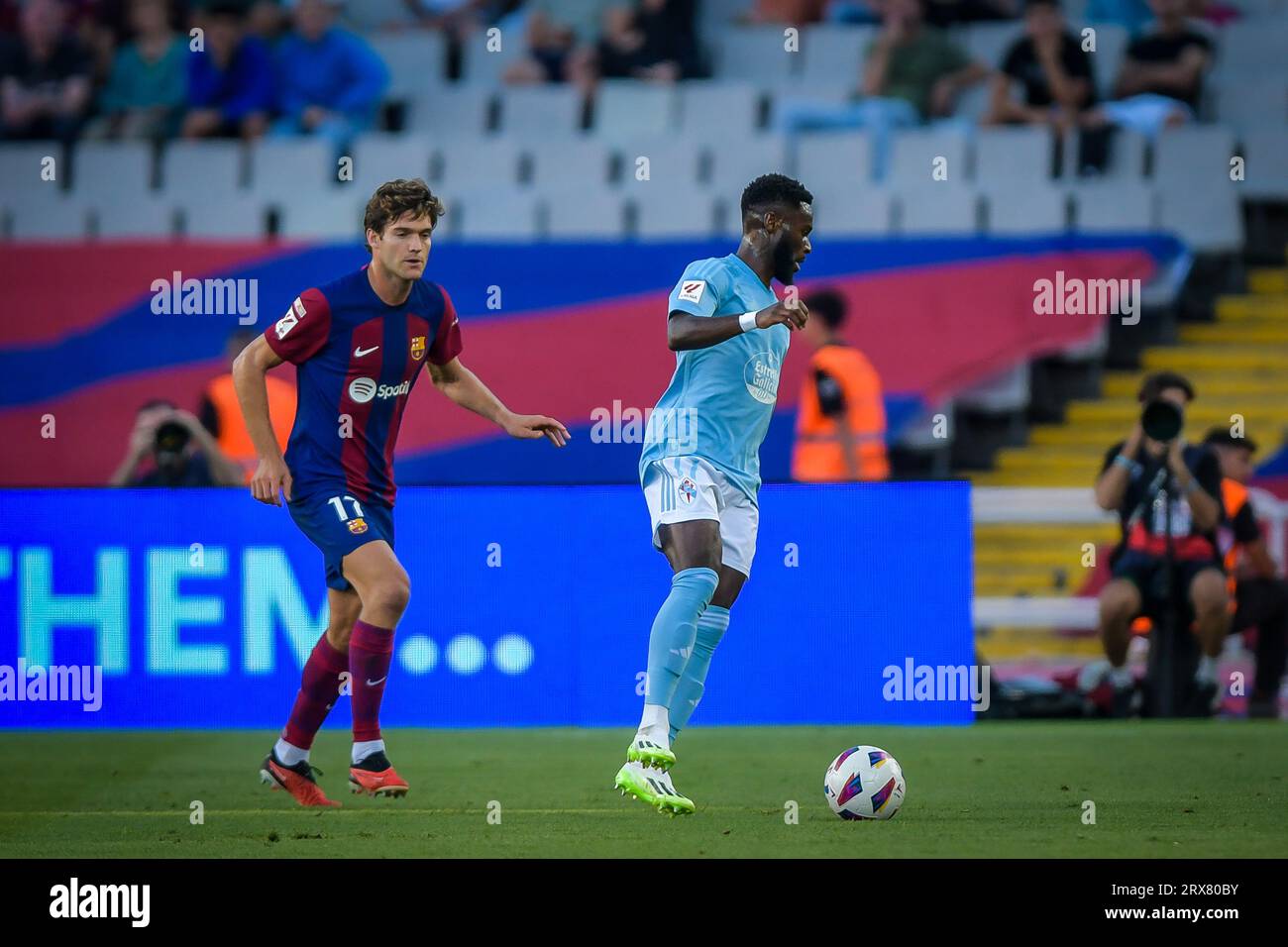 Barcelona, Spain. 23rd Sep, 2023. Marcos Alonso (FC Barcelona) and Bamba (RC Celta) during a La Liga EA Sports match between FC Barcelona and RC Celta de Vigo at Estadi Olimpic Lluis Companys, in Barcelona, Spain on September 23, 2023. (Photo/Felipe Mondino) Credit: Independent Photo Agency/Alamy Live News Stock Photo