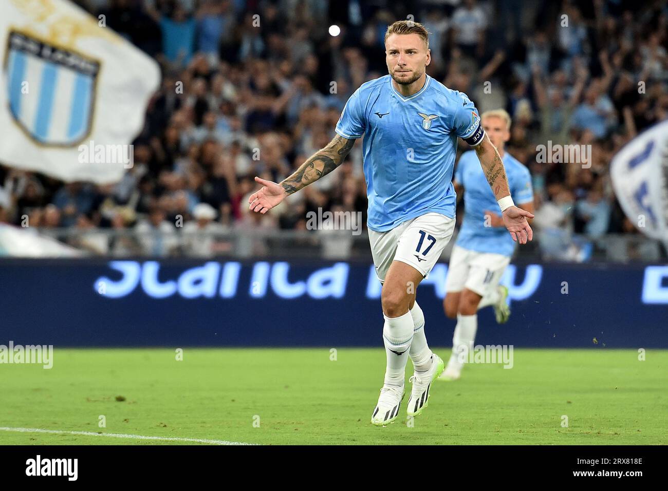Rome, Italy. 23rd Sep, 2023. Ciro Immobile of SS Lazio celebrates after scoring the goal on penaly of 1-0 during the Serie A football match between SS Lazio and AC Monza at Olimpico stadium in Rome (Italy), September 23rd, 2023. Credit: Insidefoto di andrea staccioli/Alamy Live News Stock Photo